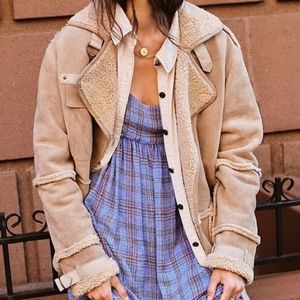 $698 Free People Cassidy Cow Suede Shearling Moto Cozy Jacket Coat